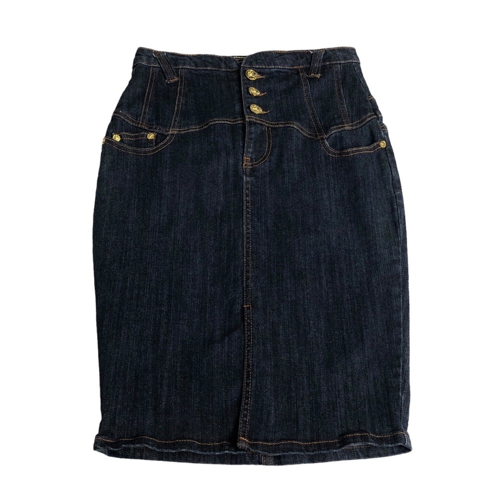 Y2K YNQ Denim Pencil Skirt Juniors 5 Skull Button Blue Dark Wash Wiggle Stretch